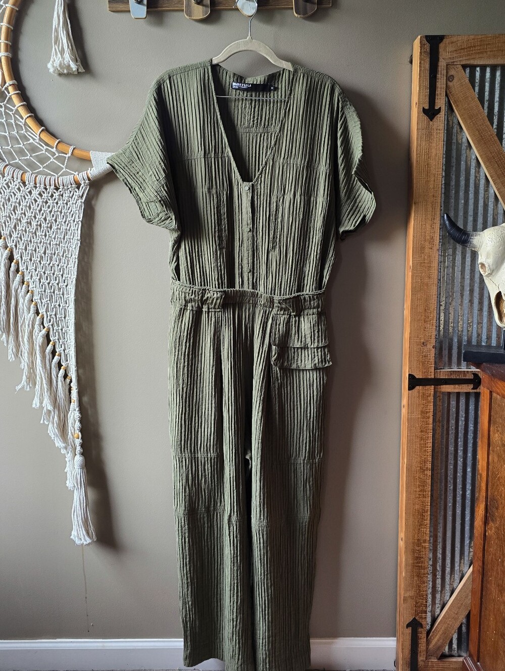 Bimba Y Lola Short Sleeve Seersucker Jumpsuit Olive Green Nwot